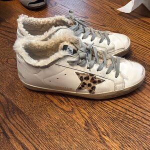 Golden Goose White Sneakers with Leopard Star and Fur Lining